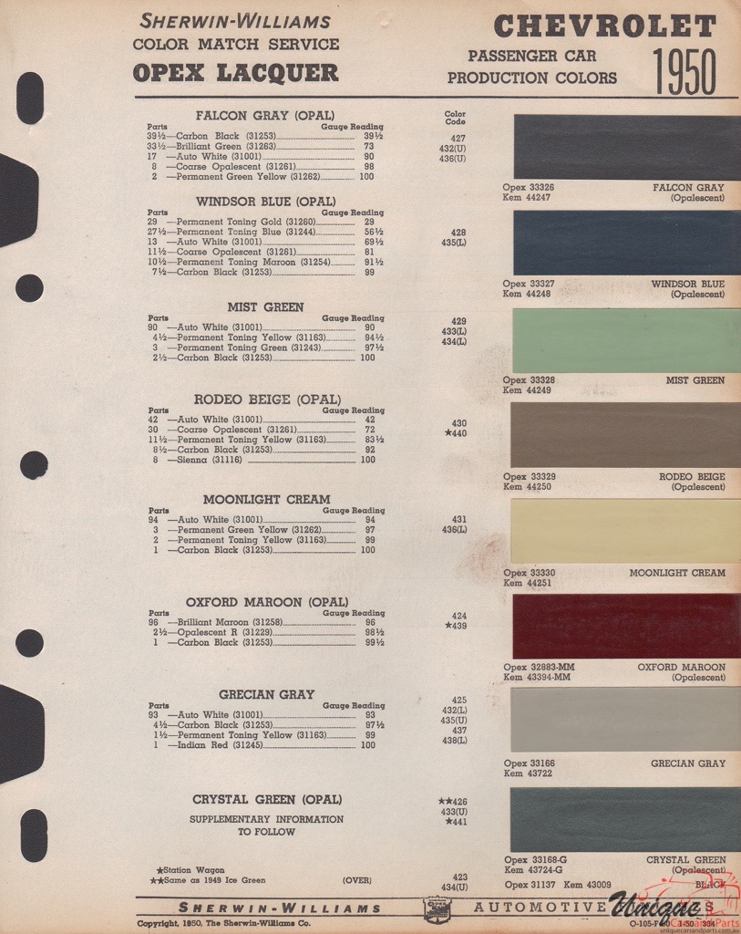 1950 Chev Paint Charts Williams 1